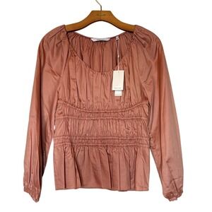 Rebecca Taylor Womens Smocked Cotton Peplum Top Dusty Rose Pink S 821280B811 NEW